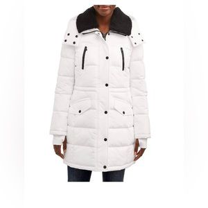 Long puffer jacket with snap front closure and hood